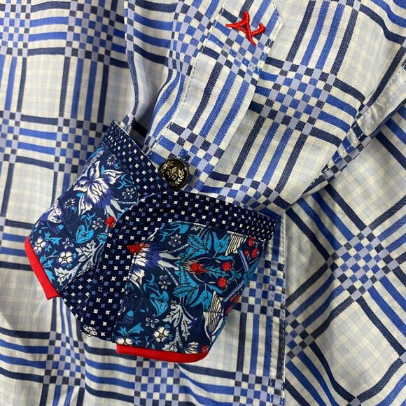 Au Noir Dress Shirt Men's 2 Blue White Check Plaid Abstract Flip Cuff Button Up - Picture 5 of 11